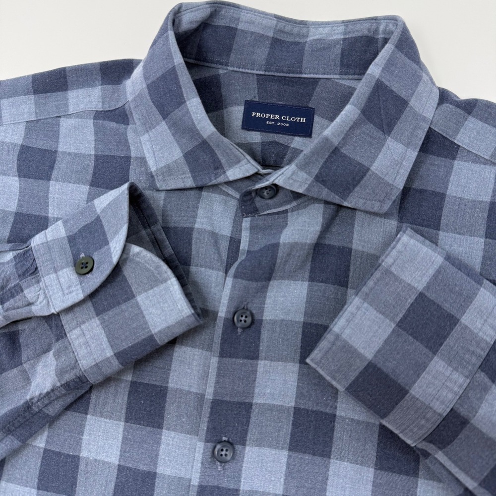 Proper Cloth Mens Large Blue Grey Buffalo Check Plaid Cotton Button Down Shirt